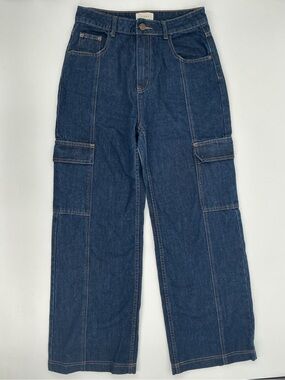 DISSH Dark Blue Denim Wide Leg Cargo Jeans with Branded Button